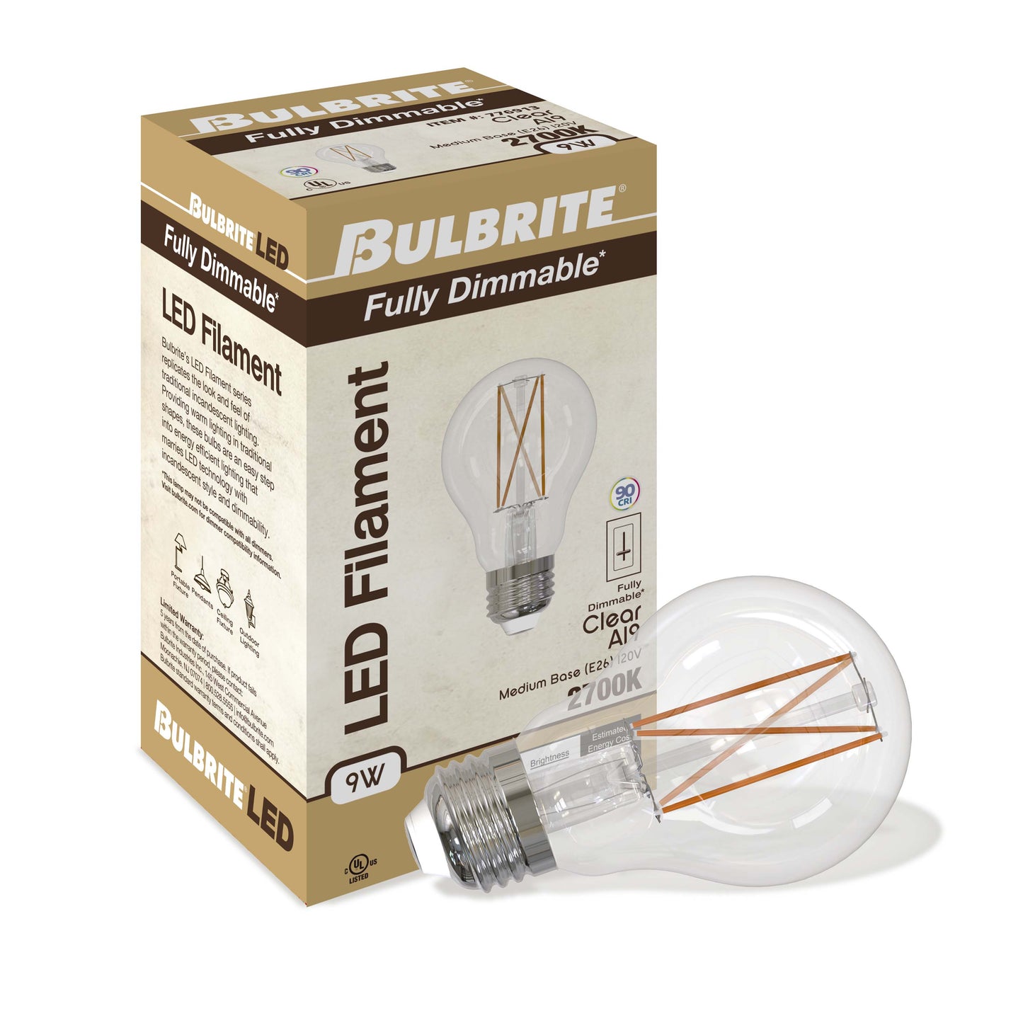 BULBRITE 9W LED A19 2700K FILAMENT CLEAR E26 FULLY COMPATIBLE DIMMING-4PK