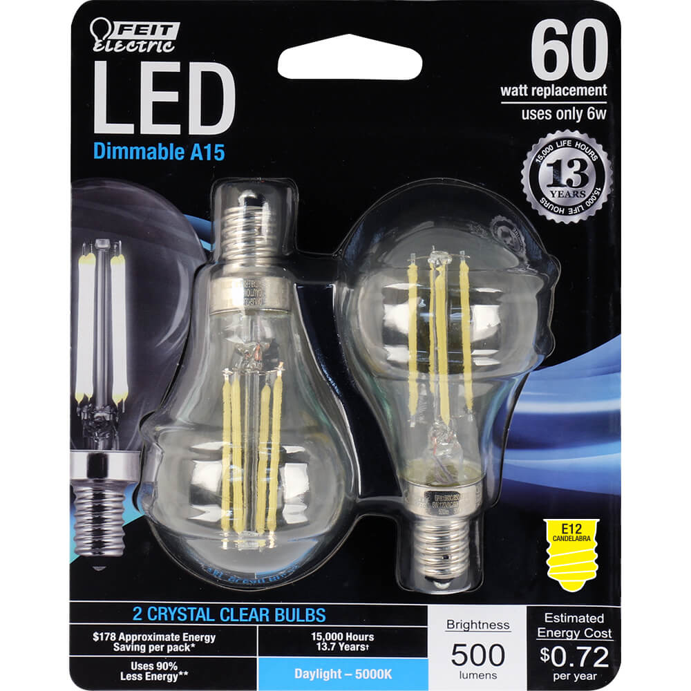 60-Watt Equivalent A15 Candelabra Base Dimmable Daylight Glass Filament (2-Pack)