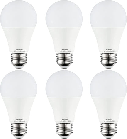 Sunlite 80793 LED A19 Standard Household Light Bulb, 9 Watts (60W Equivalent), 800 Lumens, Medium Base (E26), Dimmable, UL Listed, Energy Star, 90 CRI, Title 20, 3000K Warm White, 6 Count