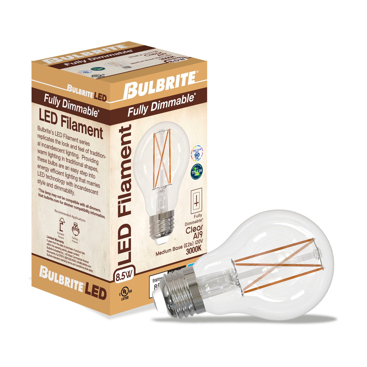 Bulbrite Pack of (2) 8.5 Watt Dimmable Clear Filament A19 Medium (E26) LED Light Bulb - 800 Lumens, 3000K, and 90 CRI