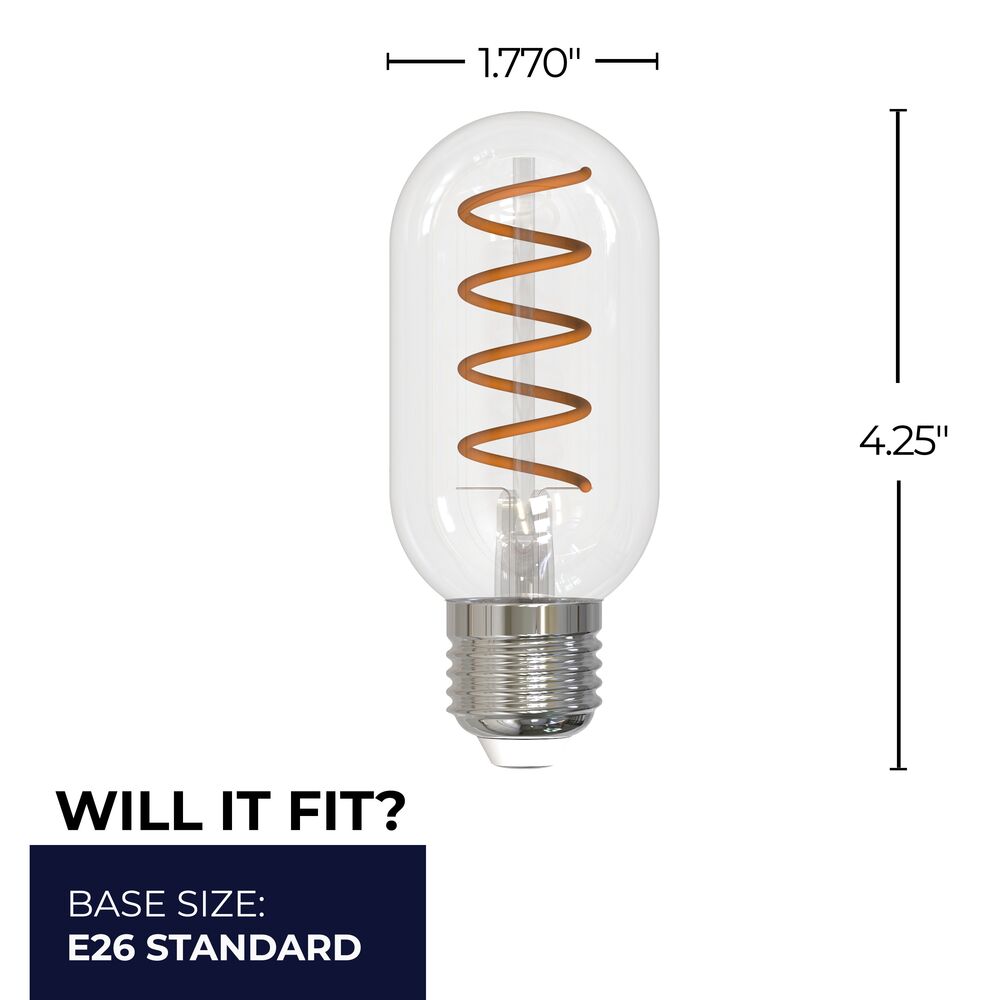 Bulbrite LED T14 Curved Filament Spiral, Dimmable E26 Medium Base, Clear Finish, 2100K-Amber Light 4 Watt, 4-Pack