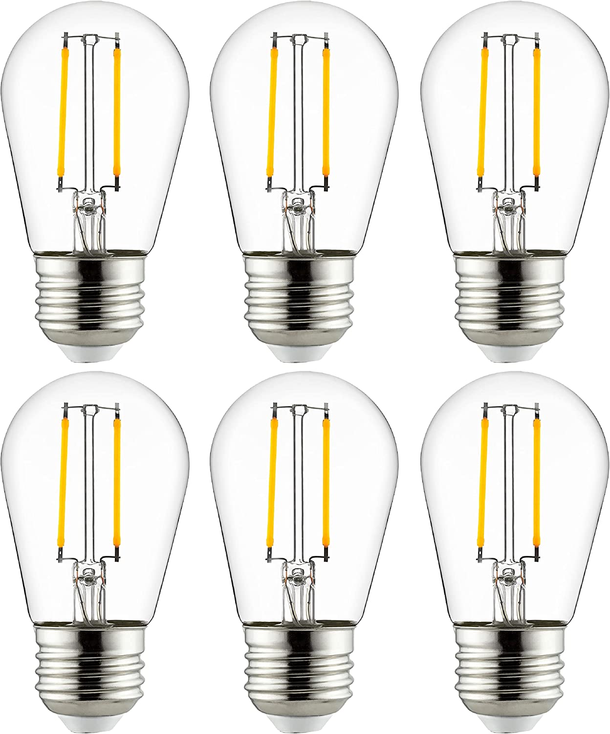 LED S14 Filament Style String Light Bulb, UL Listed, 2 Watts (25W Equivalent), 200 Lumens, Medium Base (E26), Dimmable, Clear Glass, 2200K Amber, 6 Count