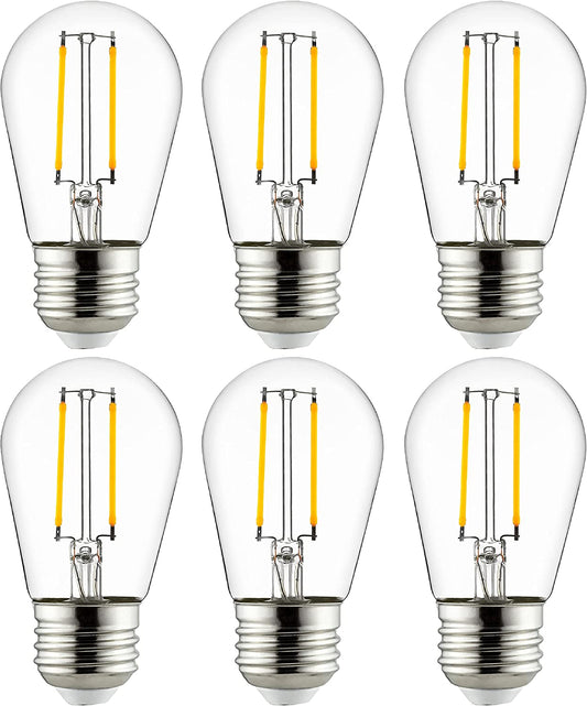 LED S14 Filament Style String Light Bulb, UL Listed, 2 Watts (25W Equivalent), 200 Lumens, Medium Base (E26), Dimmable, Clear Glass, 2200K Amber, 6 Count