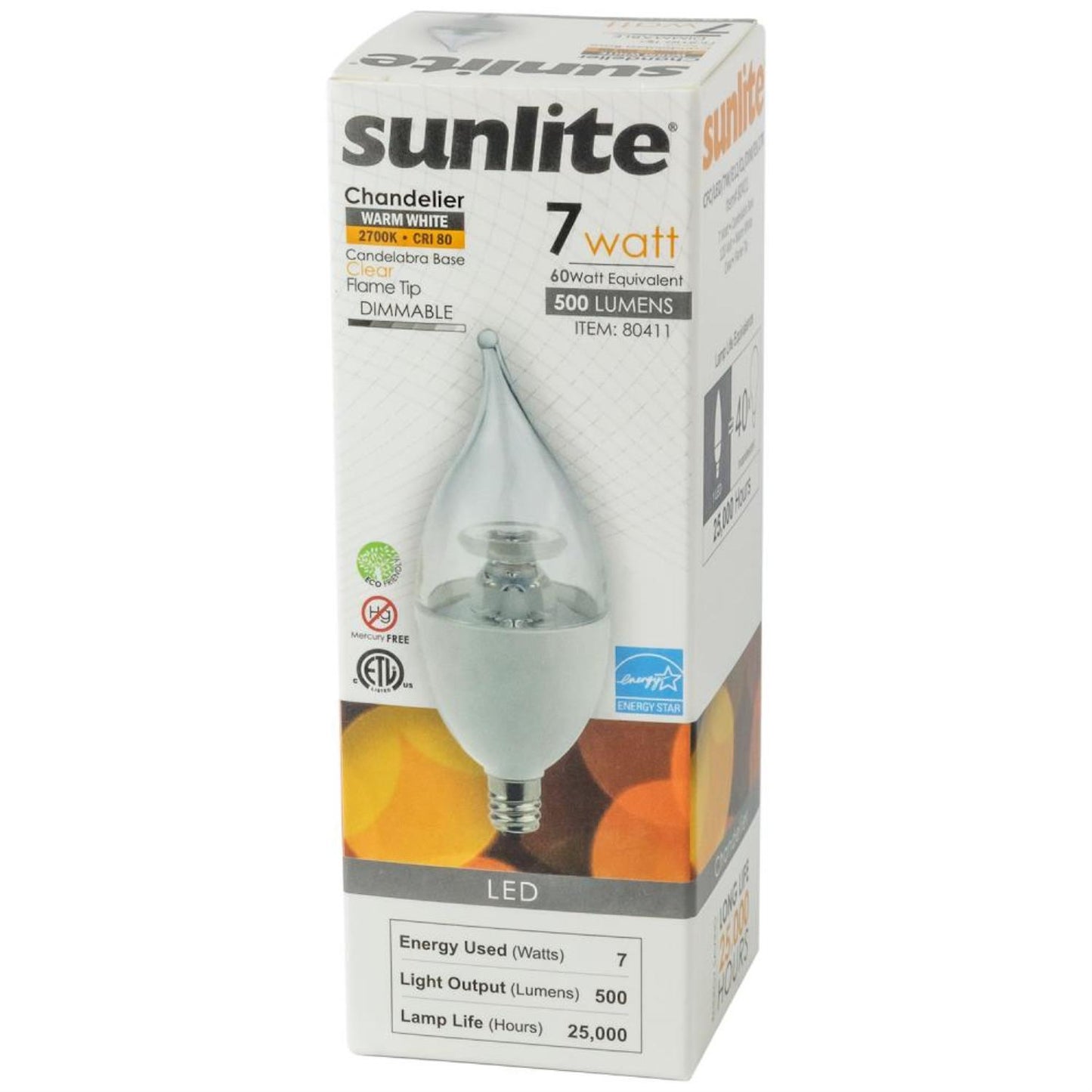 Sunlite LED Torpedo Tip Chandelier 7W (60W Equivalent) Light Bulb Candelabra (E12) Base, Warm White