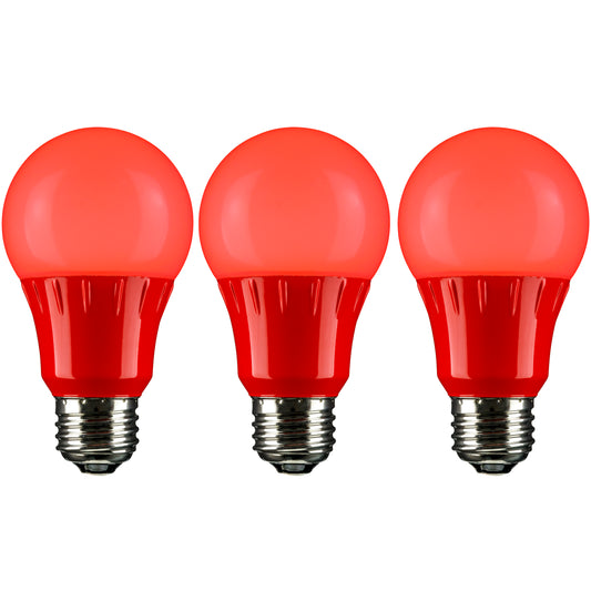 Sunlite 40454-SU LED A19 Colored Light Bulb, 3 Watts (25w Equivalent), E26 Medium Base, Non-Dimmable, UL Listed, Red 3 Pack