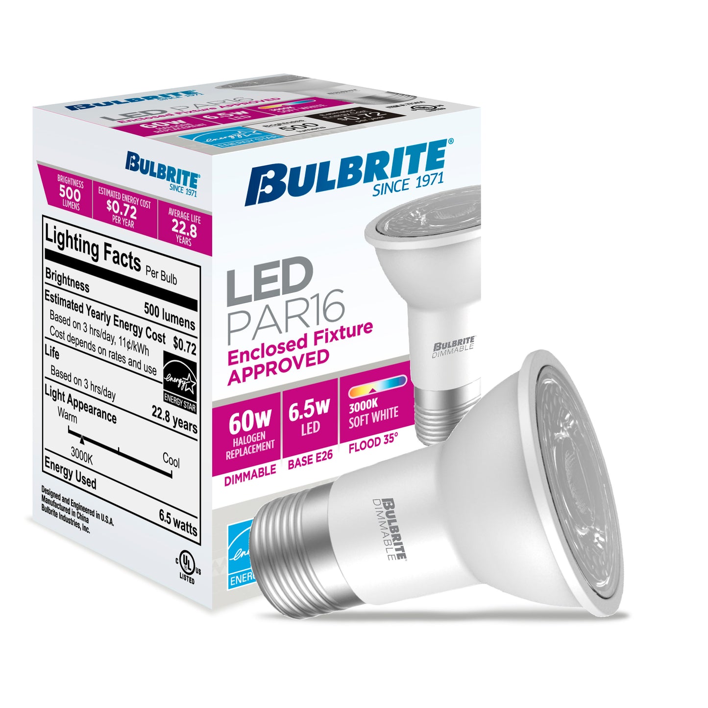 BULBRITE 6.5W LED PAR16 3000K FLOOD DIMMABLE 80CRI 120V-4PK