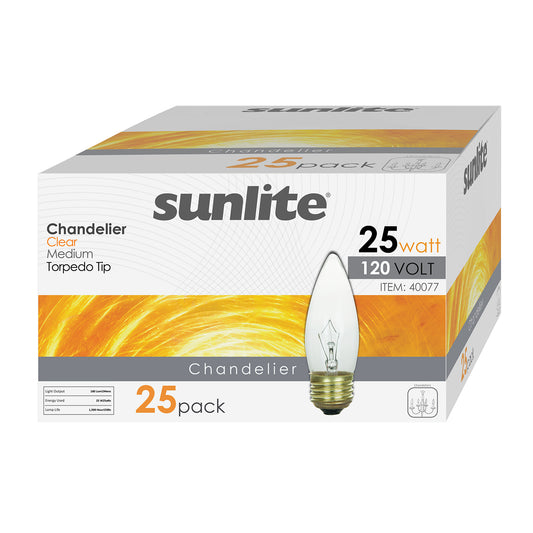 Sunlite 25ETC/32/25PK 25W Incandescent Torpedo Tip Chandelier with Crystal Clear Light Bulb and Medium E26 Base (25 Pack)