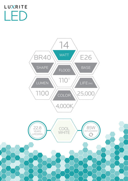 Luxrite LED BR40 Reflector Light Bulb, 14W, 1100 Lumens, 4000K - Cool White, 80 CRI, Frosted White Finish, Dimmable (LR31823)