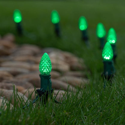 25 Light LED C7 Light Set Green Bulbs on Green Wire, Approx. 16'6" Long