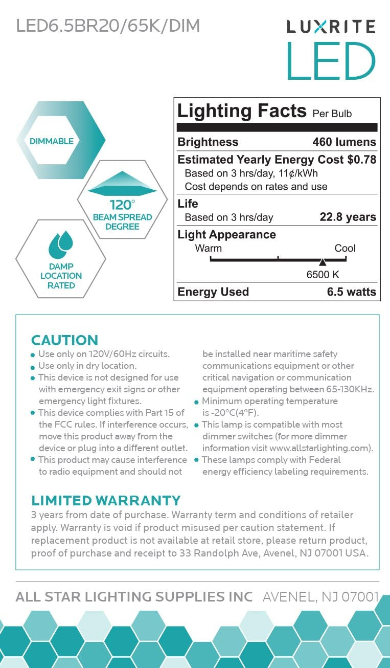 Luxrite LED BR20 Light Bulb, 6.5W, 460 Lumens, 6500K - Daylight, 80 CRI, Frosted White Finish, Dimmable, Pack of 8 (LR31845)