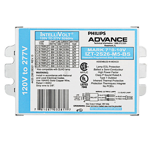 Advance Mark 7 0-10V IZT-2S26-M5-BS (1-2) Lamp - 26 Watt CFL - 120/277 Volt - Programmed Start - 1.0 Ballast Factor - Dimming