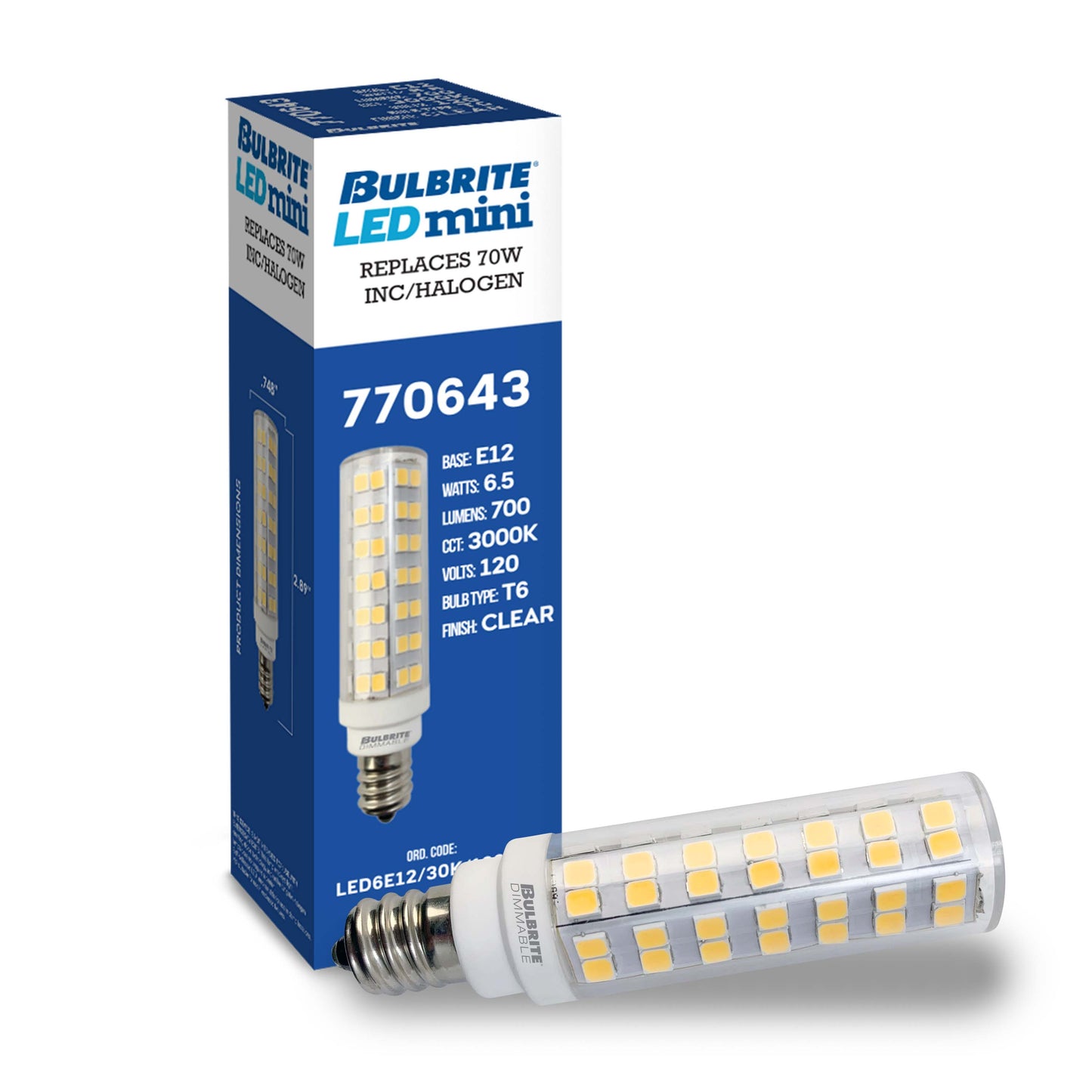 Bulbrite Pack of (2) 6.5 Watt 120V Dimmable Clear T6 LED Mini Light Bulbs with Candelabra (E12) Base, 3000K Soft White Light, 700 Lumens
