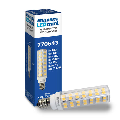 Bulbrite Pack of (2) 6.5 Watt 120V Dimmable Clear T6 LED Mini Light Bulbs with Candelabra (E12) Base, 3000K Soft White Light, 700 Lumens