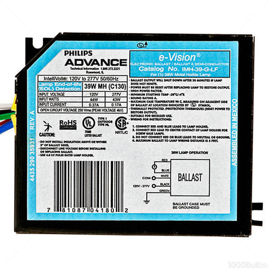 Advance IMH-39-G-LF - 39 Watt - Electronic Metal Halide Ballast ANSI M130 - 120/277 Volt - Power Factor 90% - Max. Temp. Rating 194 Deg. F - Side Leads With Mounting Feet