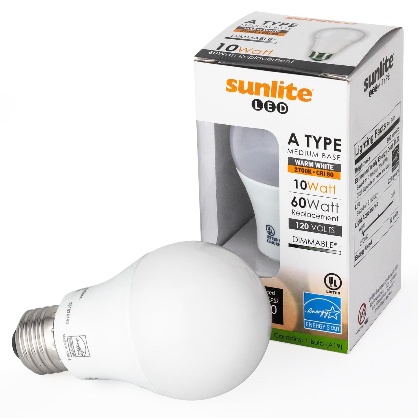 Sunlite A19/LED/10W/ES/D/30K LED A19 Household 10W (60W Replacement) Light Bulbs, Medium (E26) Base, 3000K Warm White