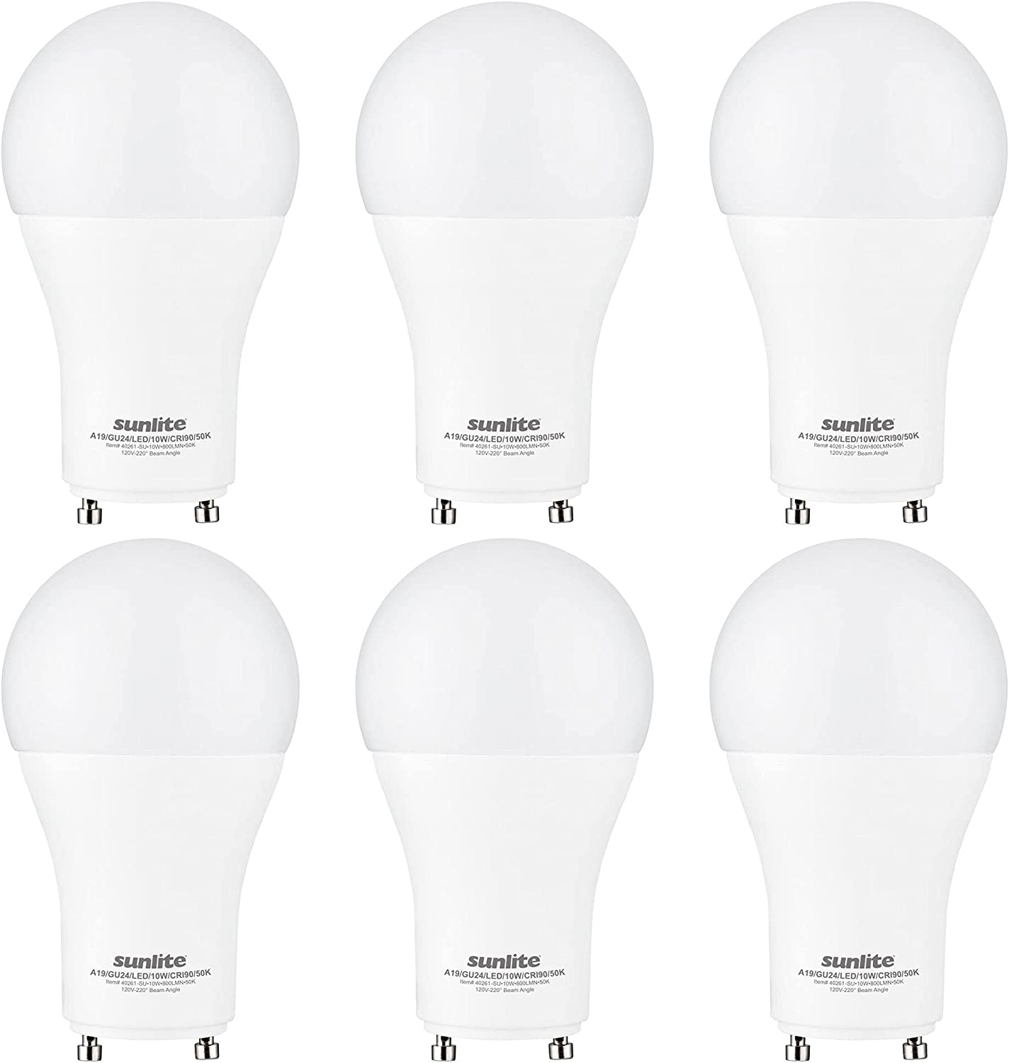 Sunlite 87975 LED A19 Light Bulb, 10 Watts (60W Equivalent), 800 Lumens, GU24 Twist and Lock Base, Dimmable, 90 CRI, UL Listed, Energy Star, Title 20 Compliant, 5000K Super White, Pack of 6