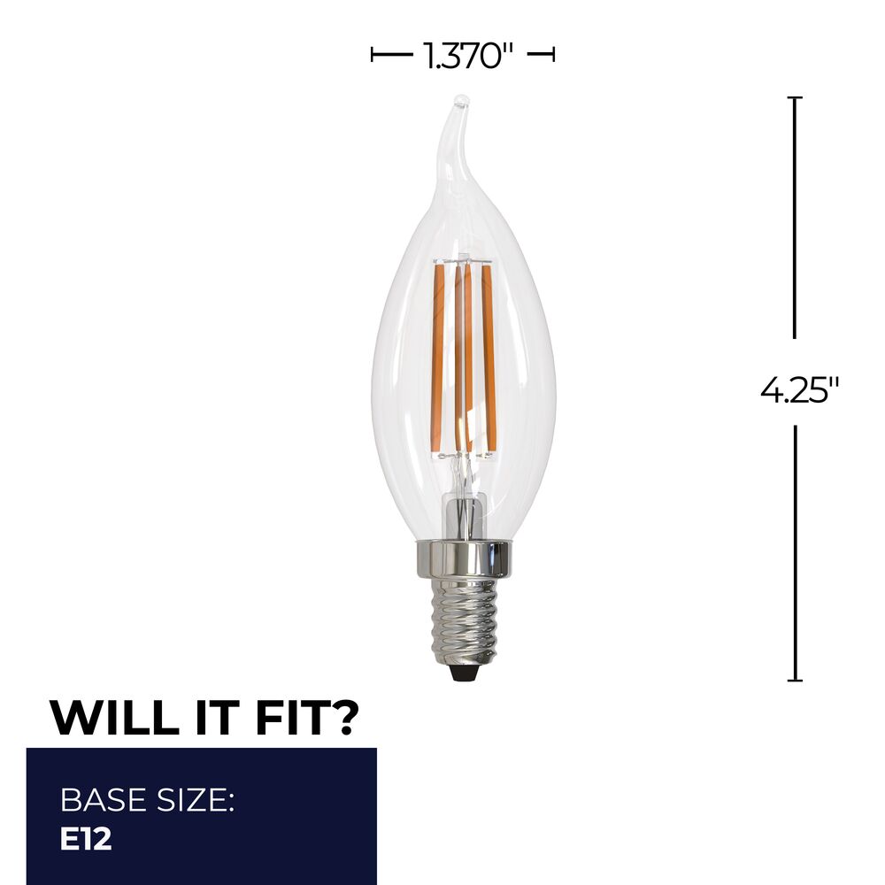 Bulbrite LED Filament Pack of (4) 6.5 Watt Dimmable CA10 Light Bulbs with a Clear Finish and Candelabra (E12) Base - 2700K (Warm White Light), 750 Lumens