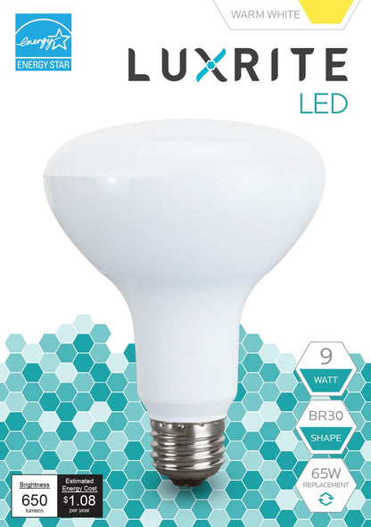 Luxrite LED BR30 Reflector Light Bulb, 9W, 650 Lumens, 2700K - Warm White, 80 CRI, Frosted White Finish, Dimmable (LR31850)