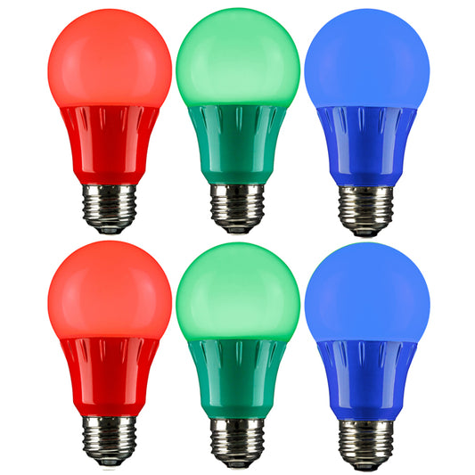 Sunlite 41291-SU Decorative Holiday Light Bulbs, Christmas Lighting, LED A19, Medium Base, 3 Watt, UL Listed, Red, Green and Blue, 6 Pack