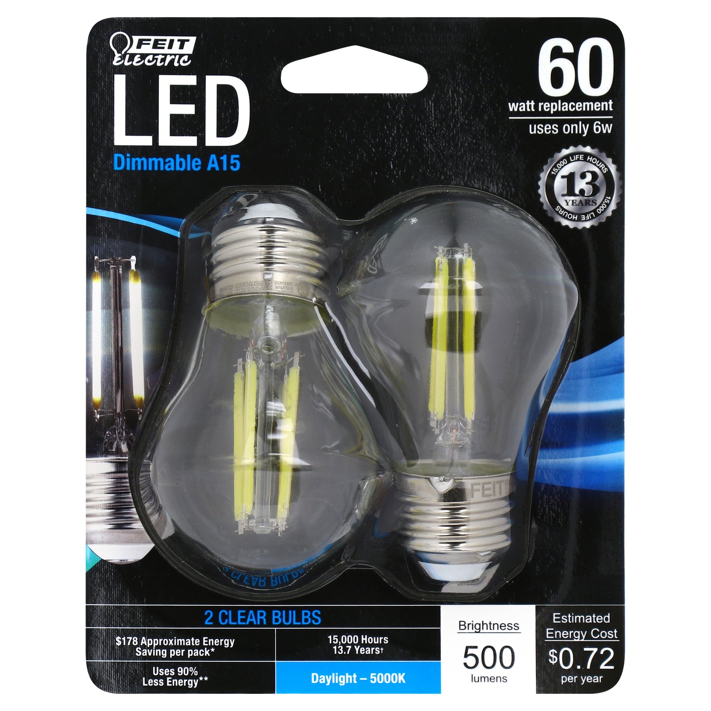 60-Watt Equivalent A15 Dimmable Daylight Glass Filament (2-Pack)