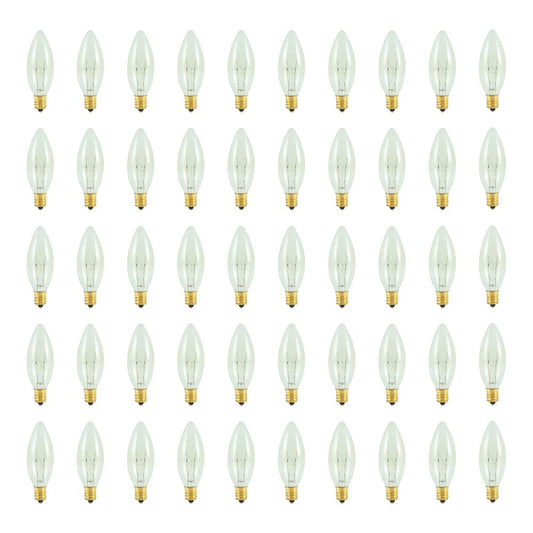 Bulbrite Pack of (50) 25 Watt Dimmable Clear B8 Torpedo 25mm Incandescent Light Bulbs with Candelabra (E12) Base, 2700K Warm White Light