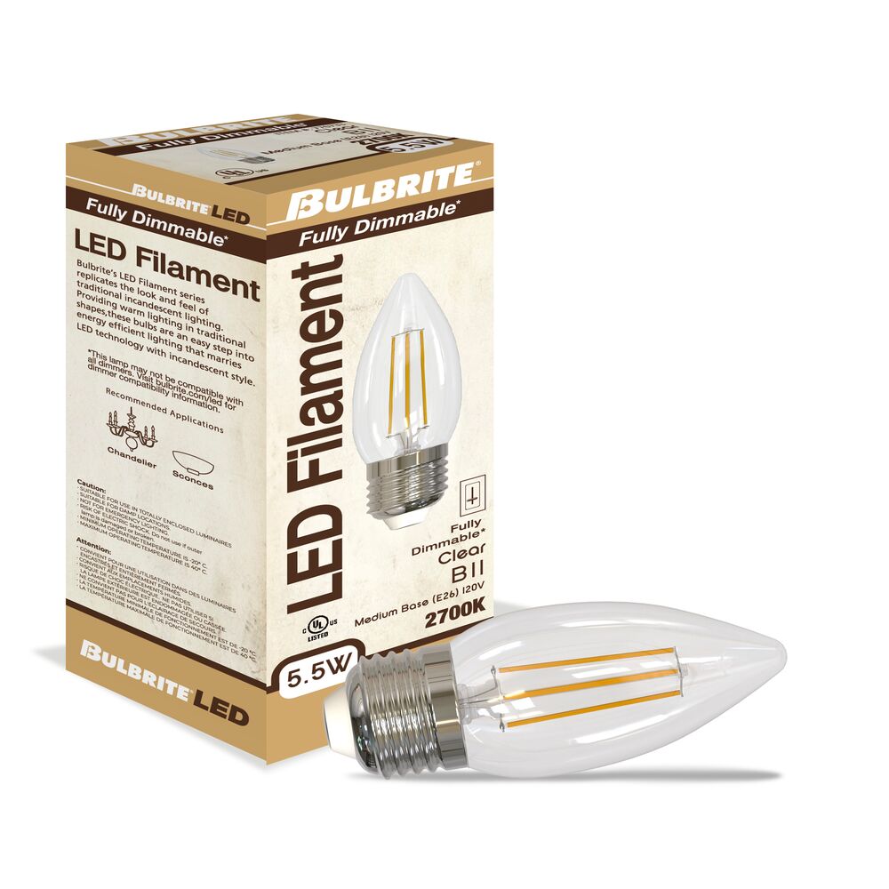 Bulbrite LED Filament Pack of (4) 5.5 Watt Dimmable B11 Light Bulbs with Clear Glass Finish and Medium (E26) Base - 2700K (Warm White Light), 500 Lumens