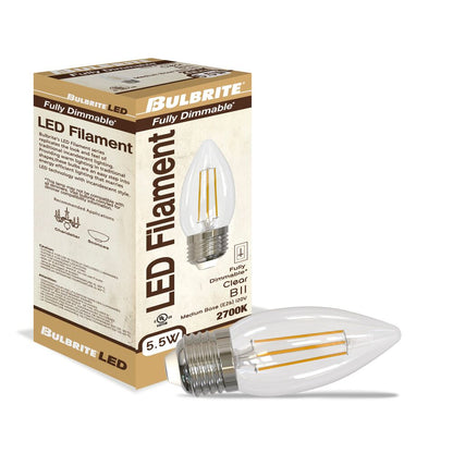 Bulbrite LED Filament Pack of (4) 5.5 Watt Dimmable B11 Light Bulbs with Clear Glass Finish and Medium (E26) Base - 2700K (Warm White Light), 500 Lumens