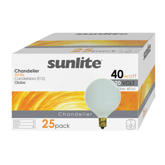 12 Pack Sunlite 40 Watt G16.5 Globe, Candelabra Base, White