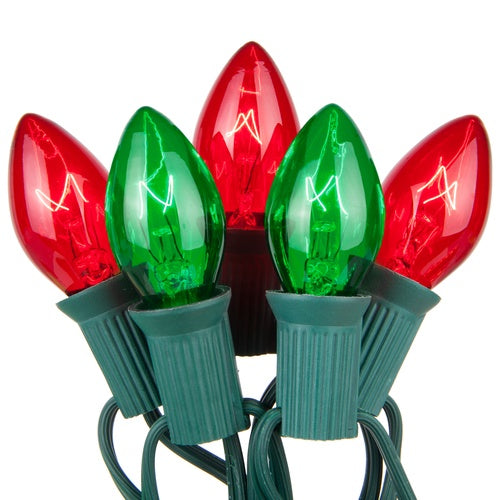 Red and Green Finish Christmas Light String Set, C7 Shape, 12 Foot, Candelabra Base, Green Wire, 25 String Light with 12" Spacing Between Lights