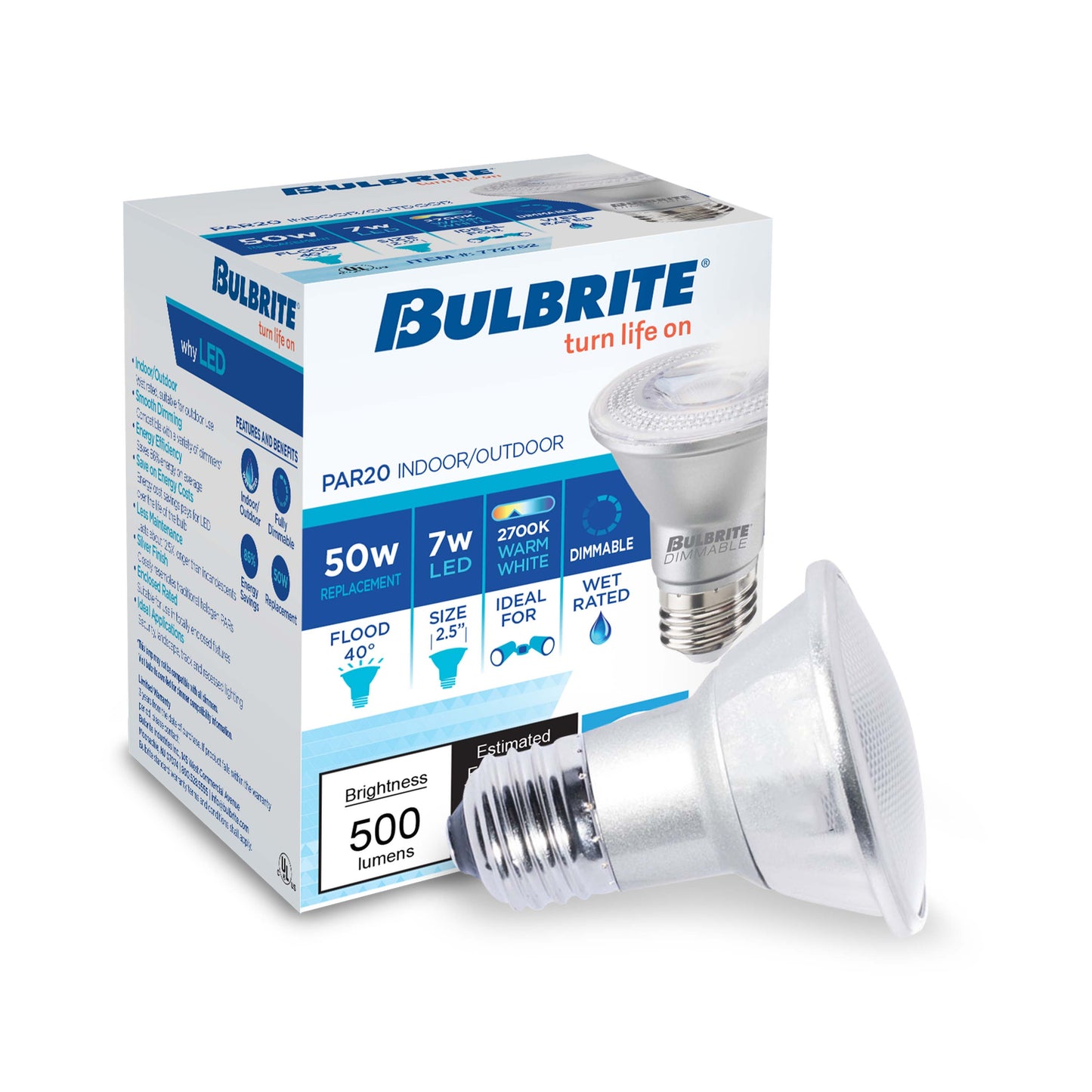 Bulbrite Pack of (6) 7 Watt Dimmable Flood PAR20 Medium (E26) LED Light Bulb - 500 Lumens, 2700K