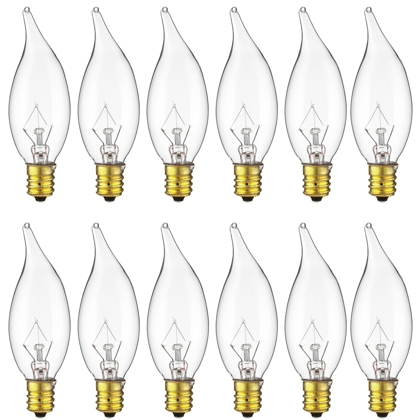 Sunlite 25CFC/25/12PK Flame Tip 25W Incandescent Petite Chandelier Light Bulb, Candelabra (E12) Base, Crystal Clear Bulb (12 Pack)