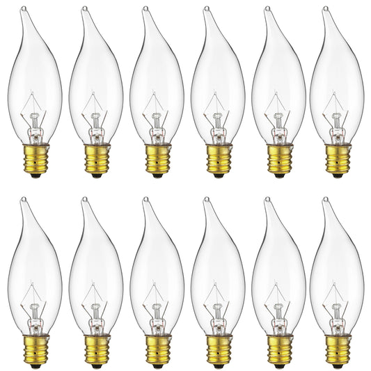 Sunlite 25CFC/25/12PK Flame Tip 25W Incandescent Petite Chandelier Light Bulb, Candelabra (E12) Base, Crystal Clear Bulb (12 Pack)