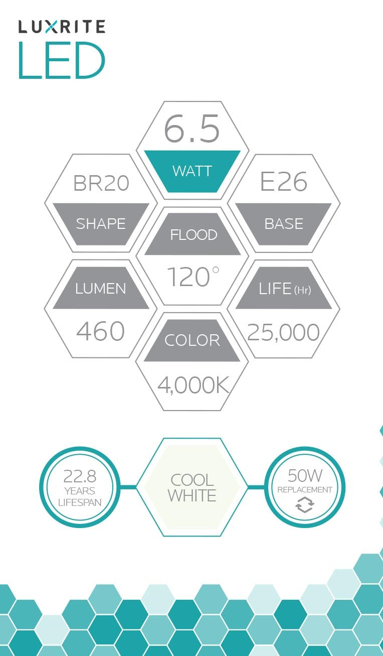 Luxrite LED BR20 Light Bulb, 6.5W, 460 Lumens, 4000K - Cool White, 80 CRI, Frosted White Finish, Dimmable (LR31843)