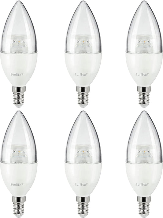 Sunlite 81486 LED B10 Clear Torpedo Tip Chandelier Light Bulb, 5 Watts (40W Equivalent) 470 Lumens, European E14 Base, Dimmable, 2700K Warm White - 6 Pack