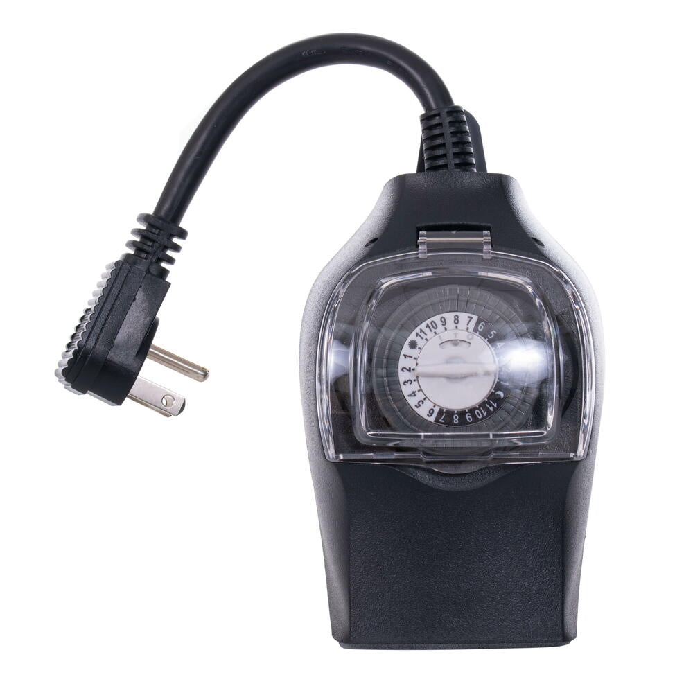 Vickerman Outdoor Mechanical Pin Timer with 14Ga 6" Power Cord and Grounded Plug, and 2 Grounded Outlets, Water proof Clear Cover , 125V 60Hz 15Amp, ETL Approved.