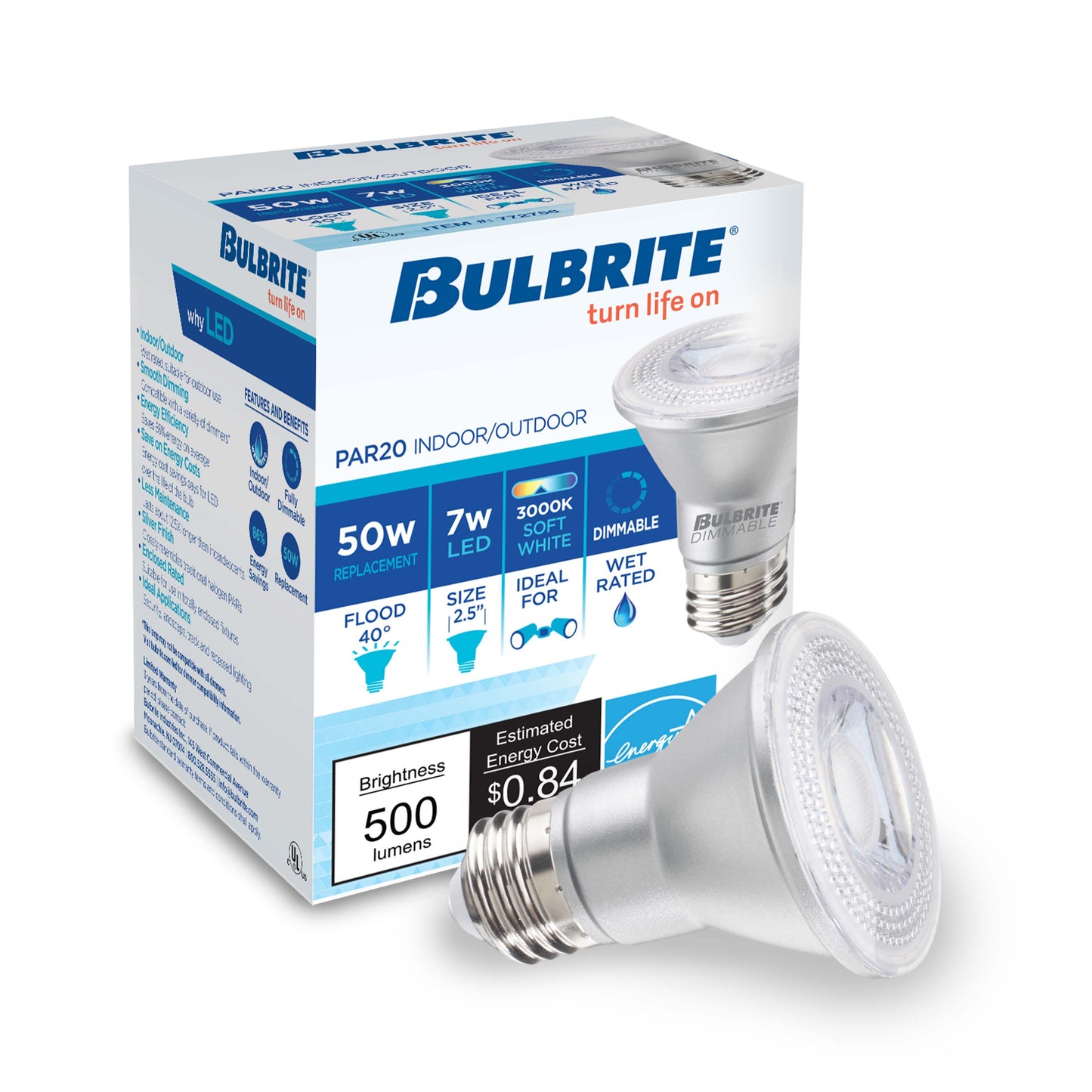 Bulbrite Pack of (6) 7 Watt Dimmable PAR20 Wet Rated Flood LED Light Bulbs with Medium (E26) Base Base, 3000K Soft White Light, 500 Lumens