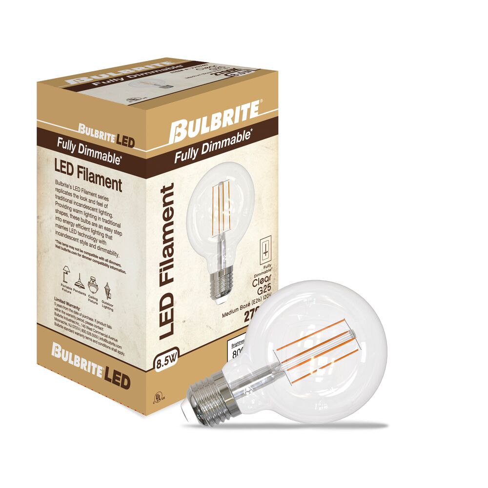 Bulbrite LED Filament Pack of (4) 8.5 Watt Dimmable G25 Light Bulb with a Clear Finish and Medium (E26) Base - 2700K (Warm White Light), 800 Lumens