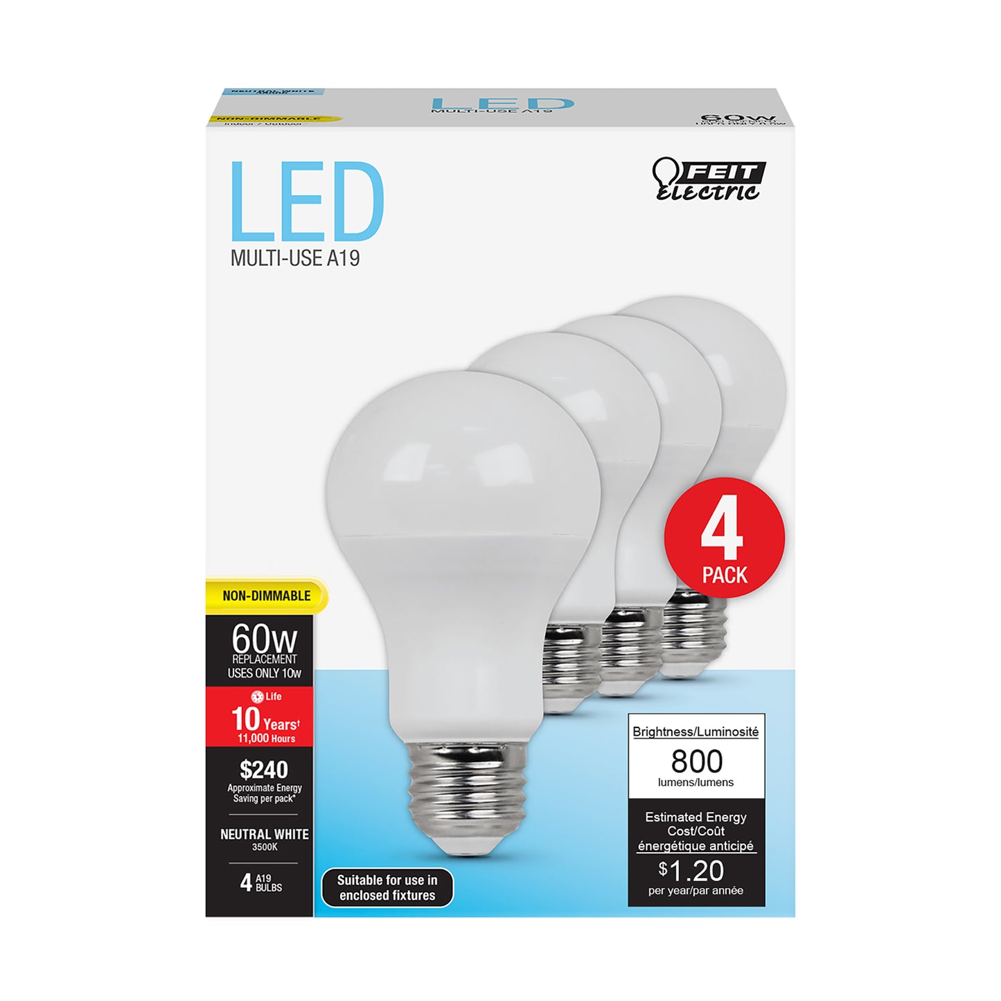 800 Lumen 3500K Neutral White LED (4-Pack)