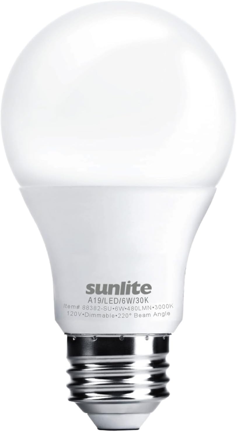Sunlite LED A19 Light Bulb, 6 Watts (40 Watt Equivalent), 480 Lumens, 120 Volts, Dimmable, Medium E26 Base, Energy Star, UL Listed, RoHS, 3000K Warm White, 1 Pack