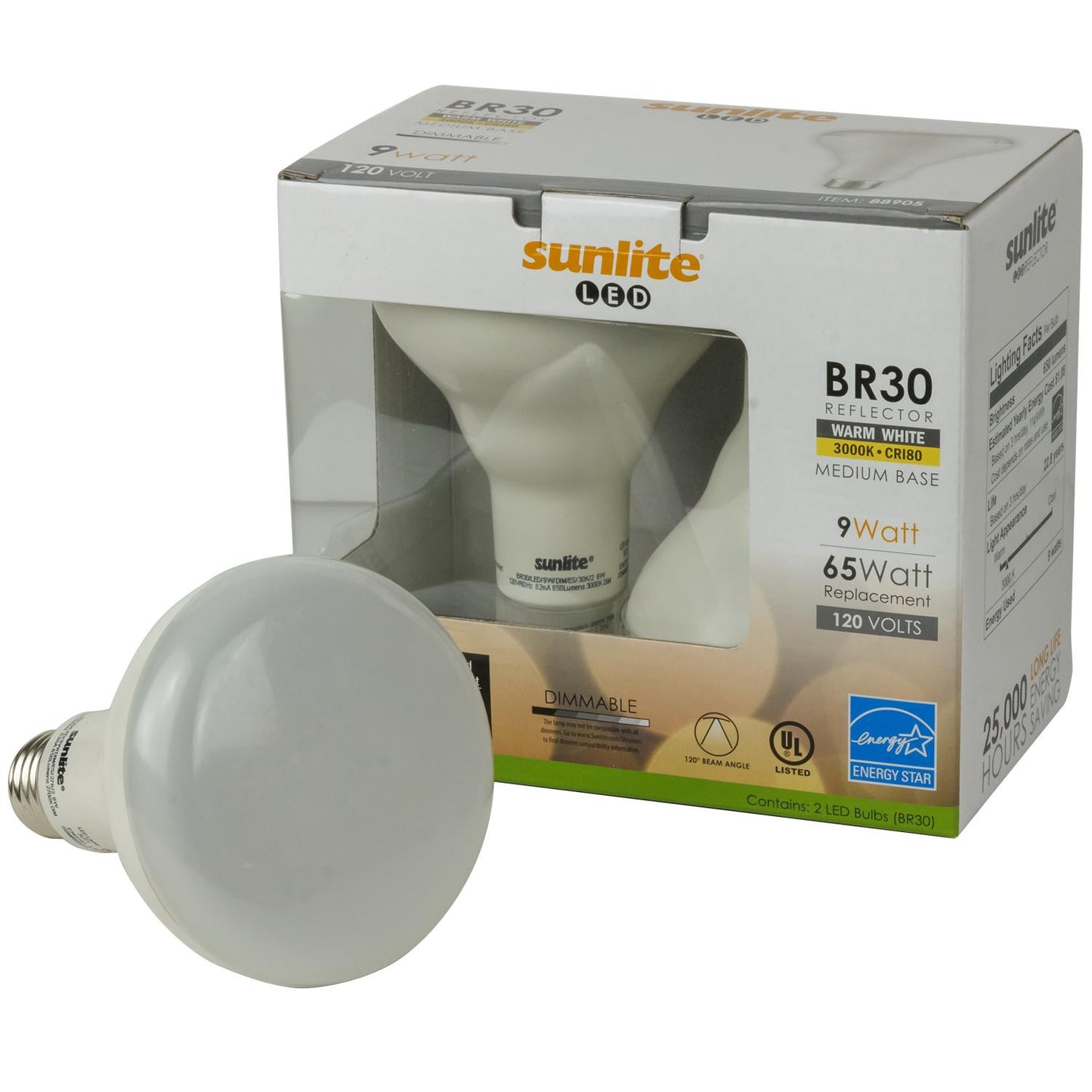 Sunlite BR30/LED/9W/DIM/ES/30K/2 9 Watt BR30 Lamp Medium (E26) Base Warm White