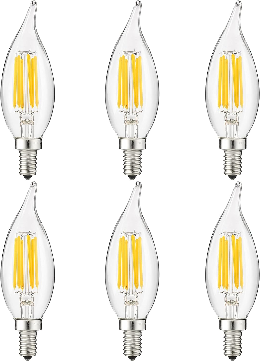 Sunlite LED Filament CA11 Flame Tip Chandelier Light Bulb, 5 Watts  (60W Equivalent), 600 Lumens, Candelabra Base (E12), Edison style, Dimmable, ETL Listed, 5000K - Super White, 6 Pack