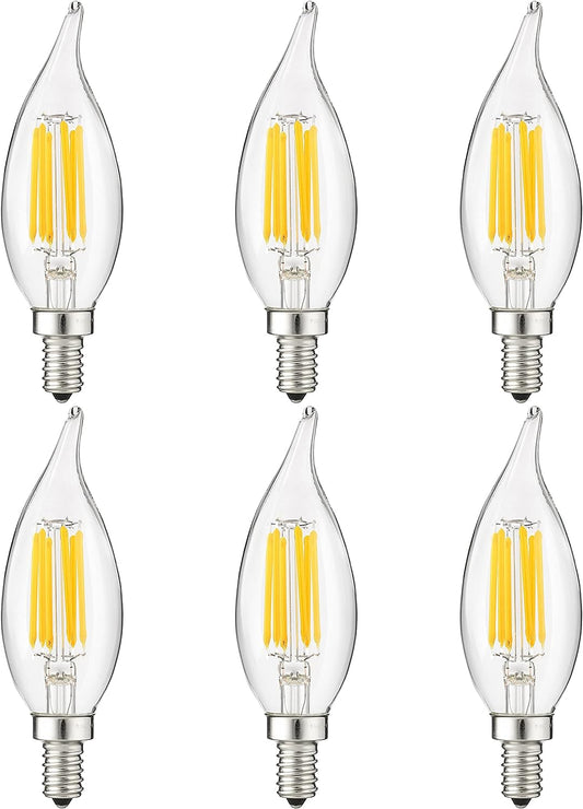 Sunlite LED Filament CA11 Flame Tip Chandelier Light Bulb, 5 Watts  (60W Equivalent), 600 Lumens, Candelabra Base (E12), Edison style, Dimmable, ETL Listed, 5000K - Super White, 6 Pack