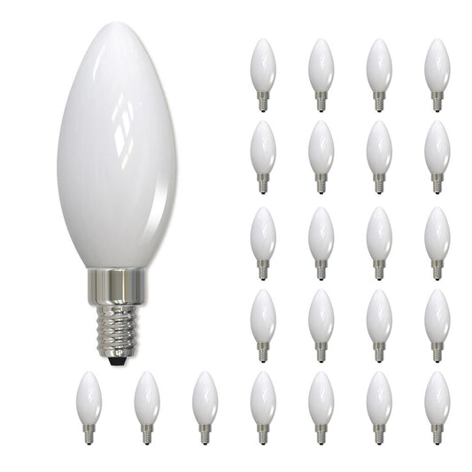 Bulbrite LED B11 Filament Bulb, Milky Finish, 2700K, Fully Compatible Dimming, 5 Watts, E12 Candelabra Base, 500 Lumens, 120V, Soft White Light 24-Pack