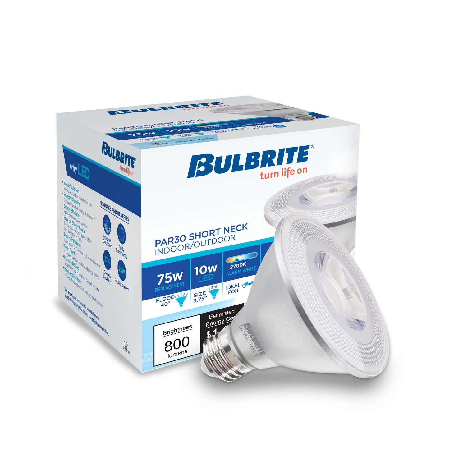 Bulbrite Pack of (6) 10 Watt Dimmable Flood PAR30SN Medium (E26) LED Bulb - 800 Lumens, 2700K, and 80 CRI