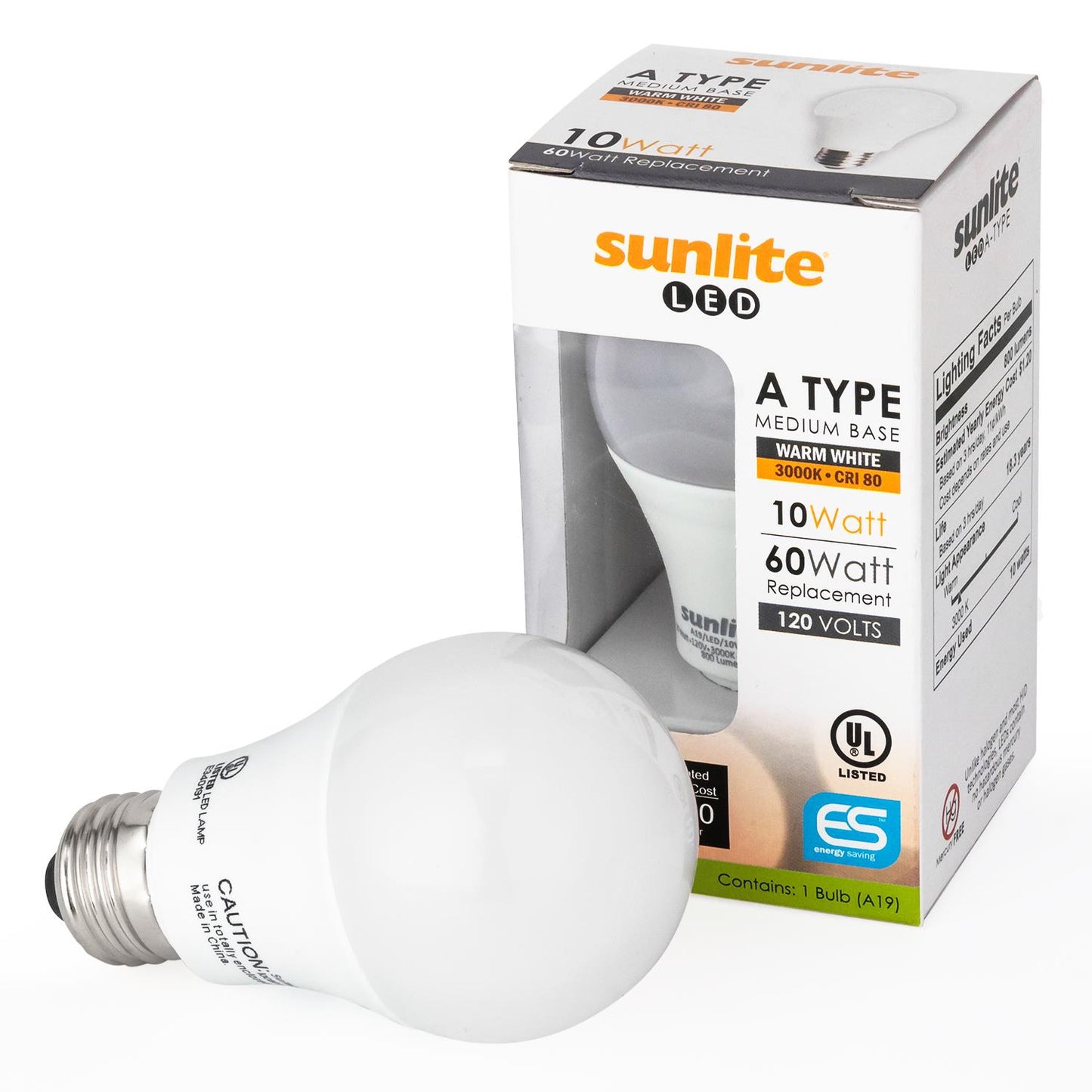 Sunlite LED A Type Household 10W (60W Equivalent) Light Bulb Medium (E26) Base, Warm White