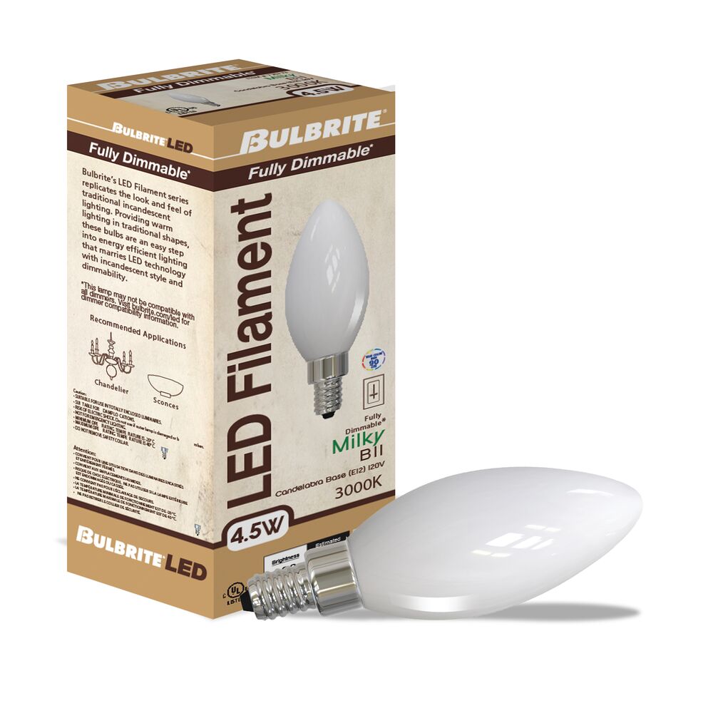 Bulbrite LED Filament Bulb, Milky Finish, 3000K, Fully Compatible Dimming, 4.5 Watts, E12 Candelabra Base, 400 Lumens, 120V, Soft White Light 48-Pack