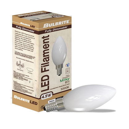 Bulbrite LED Filament Bulb, Milky Finish, 3000K, Fully Compatible Dimming, 4.5 Watts, E12 Candelabra Base, 400 Lumens, 120V, Soft White Light 48-Pack
