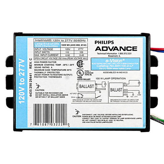 Advance IMH100DLFM - 100 Watt - Electronic Metal Halide Ballast ANSI M90/M140 - 120/277 Volt - Power Factor 90% - Max. Temp. Rating 185 Deg. F - Side Leads With Mounting Feet