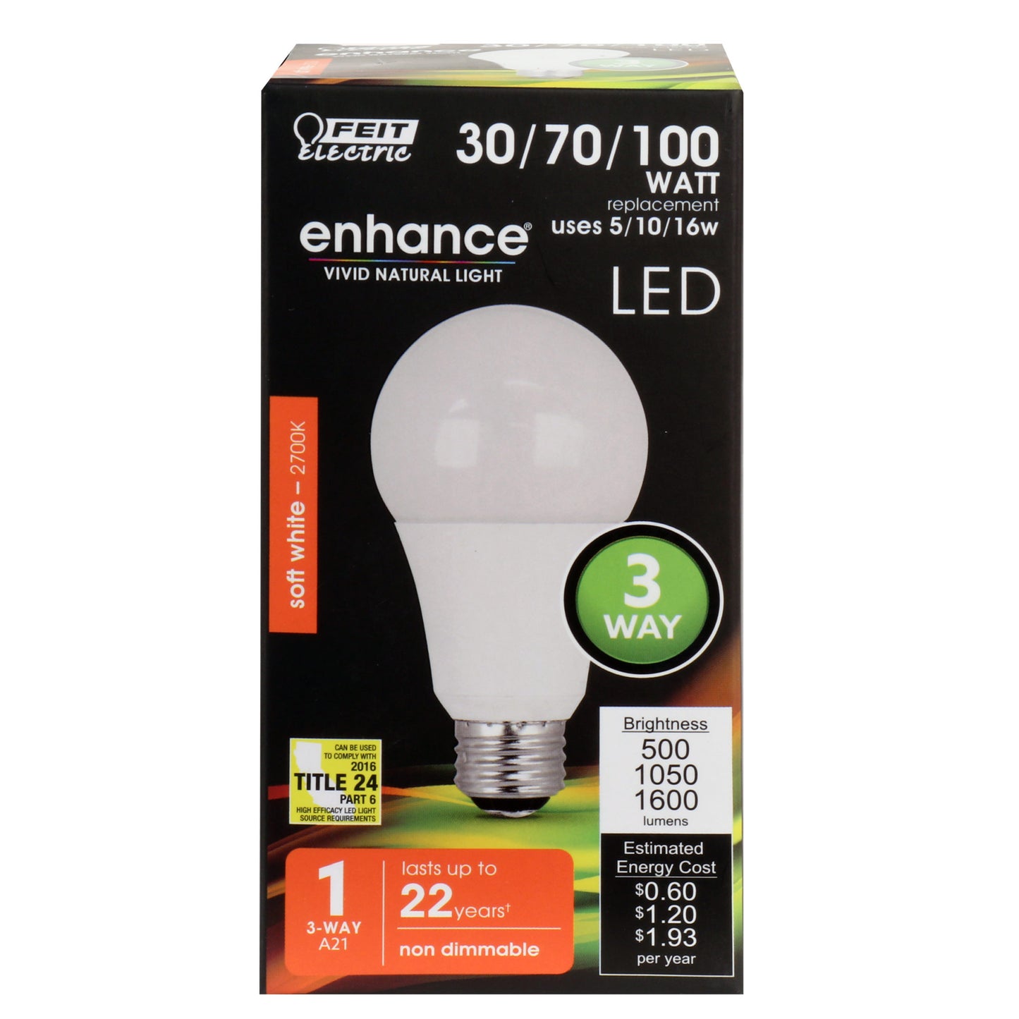 500 / 1050 / 1600 Lumen 2700K 3-Way Non-Dimmable LED