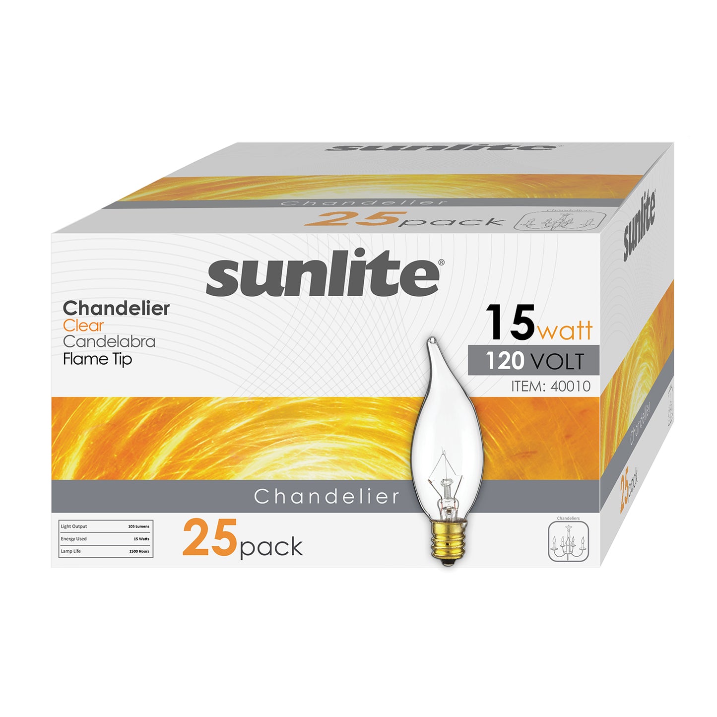 Sunlite 15CFC/25/25PK Flame Tip 15W Incandescent Petite Chandelier Light Bulb, Candelabra (E12) Base, Crystal Clear Bulb (25 Pack)